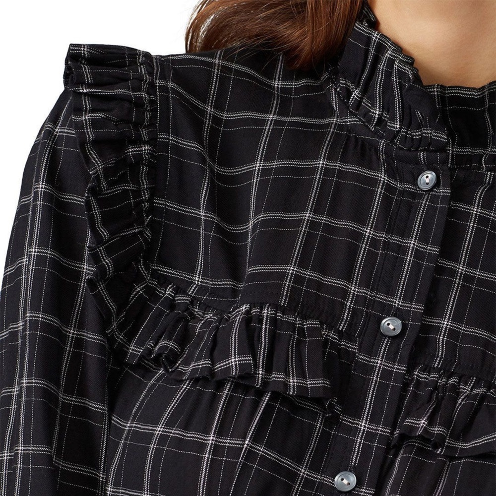 Rebecca Taylor La Vie Drapey Plaid Long Sleeve Belted Ruffle Dress - Black Combo - Picture 14 of 16